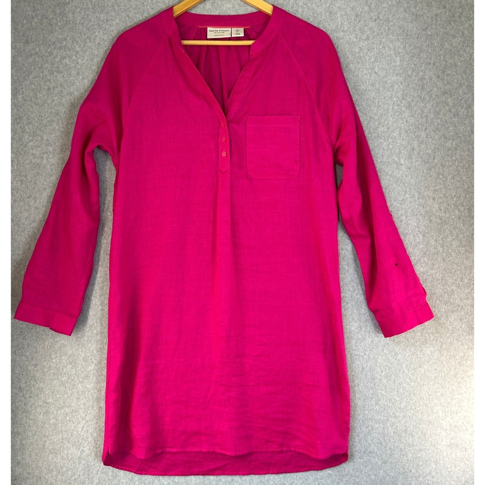 Martha Stewart Collection Large Hot Pink 100% Linen Roll‎ Tab Long Sleeve READ